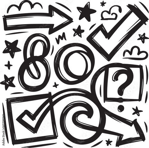 Vector doodle sketch elements  includes hand drawn arrows, checkmarks, punctuation marks, and speech bubbles, ideal for education materials, UX/UI design, infographics, and creative projects