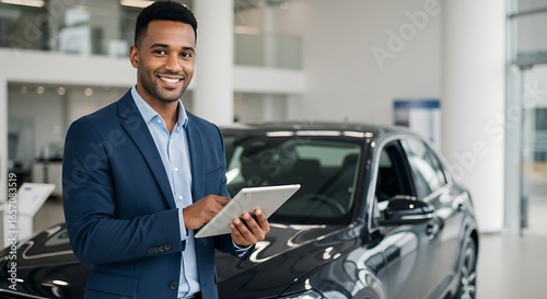Car Salesman Smiling Holding Tablet Beside a Luxurious Car in Showroom