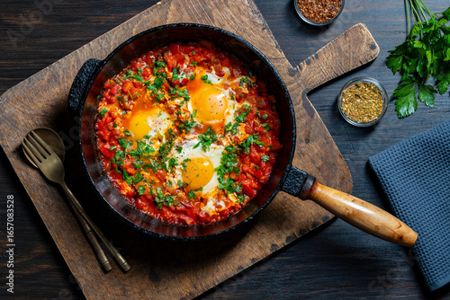 Shakshuka in frying pan for breakfast, closeup. Homemade shakshuka from poached eggs, onion, bell pepper, olive oil, red tomato and parsley in a cast iron skillet, top view. Mediterranean cuisine