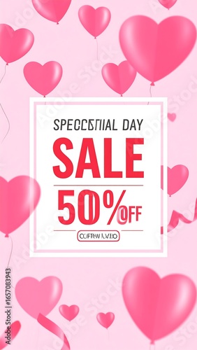 Pink heart-shaped balloons, sale banner (1)