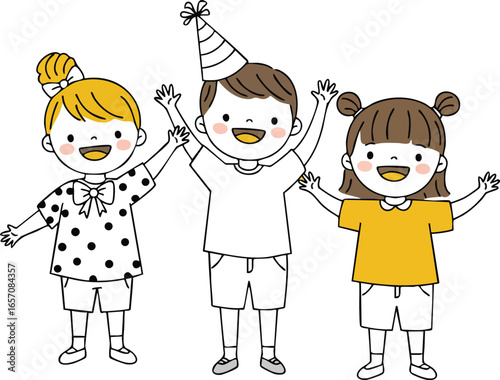 Three happy children celebrating birthday party with party hat and colorful clothes vector illustration 