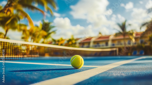A tennis ball sits on a blue court, palm trees and blue sky A tennis ball rests on a blue court, near the net, with palm trees and a resort in the background. Sporty lifestyle. Sport and enterteinment