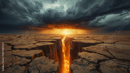 Dramatic Dry Land Crack with Molten Lava and Stormy Sky Landscape