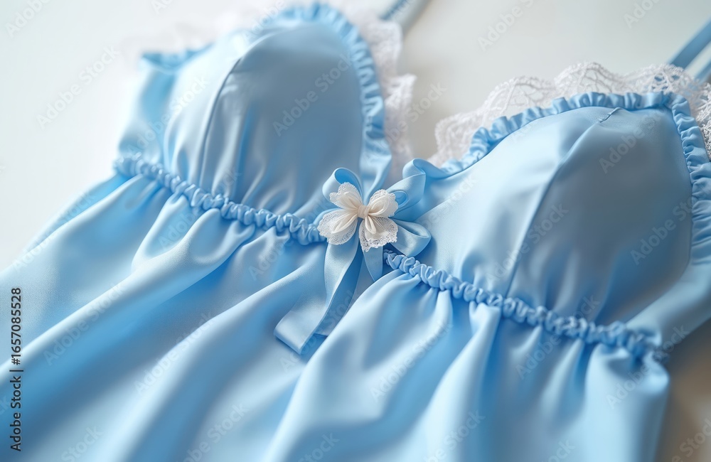 Pastel blue camisole featuring delicate ruffle trim, satin bow accent. Soft, smooth fabric with intricate pleating, adjustable straps. Feminine lingerie, perfect for intimate wear as stylish clothing Pastel blue camisole featuring delicate ruffle trim, satin bow accent. Soft, smooth fabric with intricate pleating, adjustable straps. Feminine lingerie, perfect for intimate wear as stylish clothing