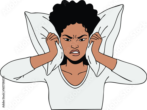 Frustrated woman holding pillow over ears expressing stress and anger in simple vector illustration style 