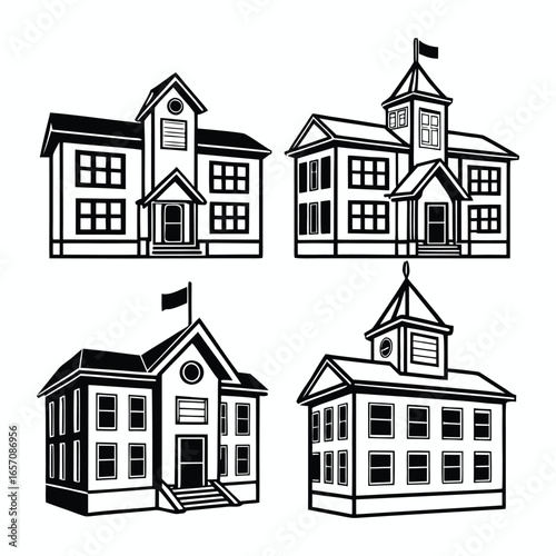 Collection of four detailed black and white hand drawn illustrations of historic school buildings with architectural elements like towers and flags representing education and learning
