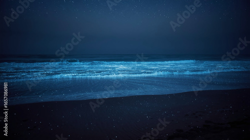 Serene Bioluminescent Sea Shoreline Starry Night Landscape with Glowing Waves
