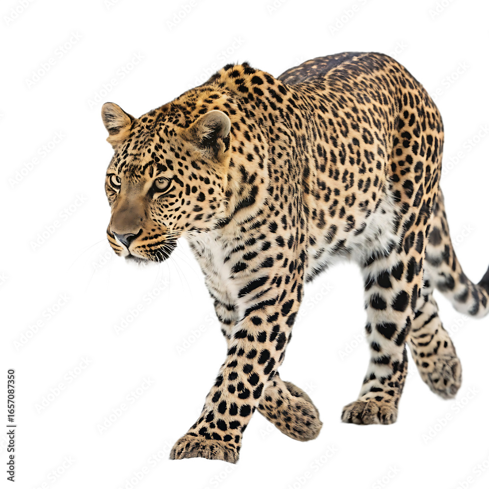 Fototapeta premium A leopard walks forward isolated on transparent background