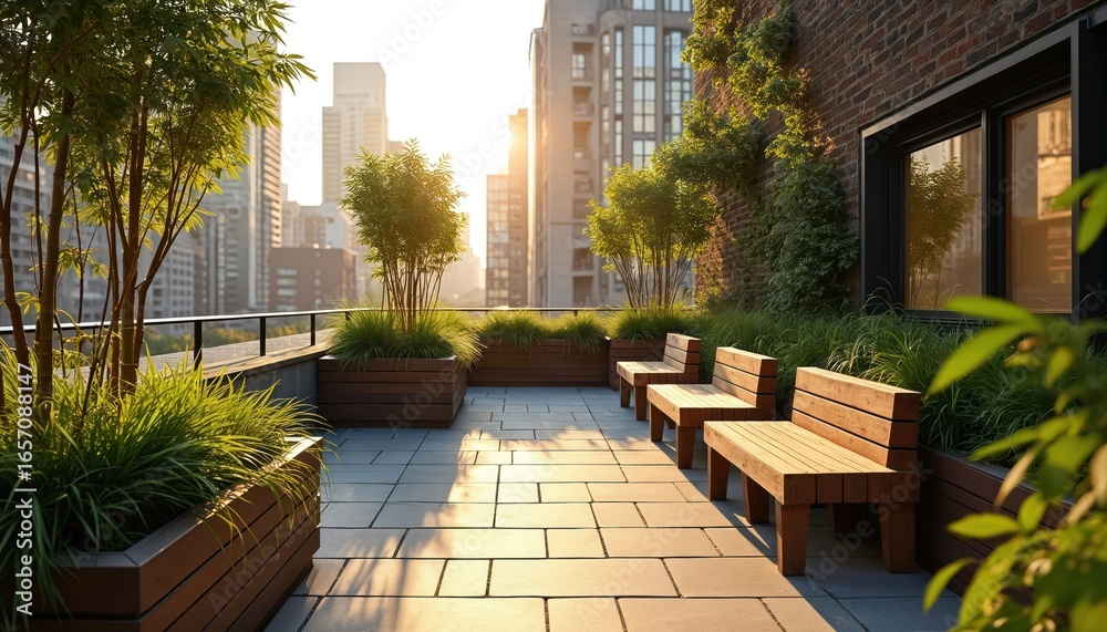 Fototapeta premium Rooftop urban oasis features green space with seating and plants. Modern city landscape offers sunlight, foliage, and panoramic views. Sustainable plants creates serene relaxation spot.