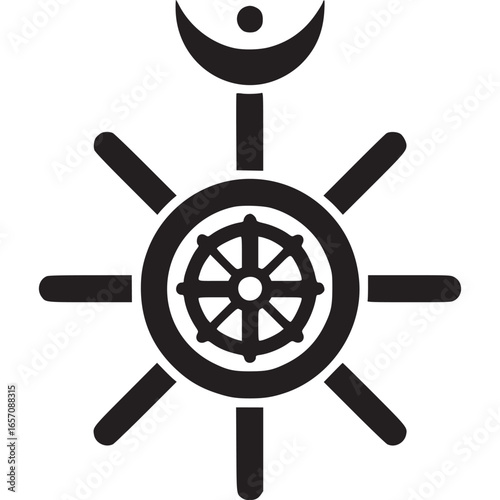 Sacred dharma wheel with moon symbol, isolated on white background, representing buddhist teachings, spiritual path, and the cycle of life