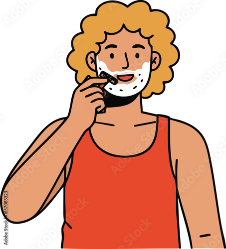 Man shaving with razor and shaving cream in orange tank top personal grooming vector illustration 