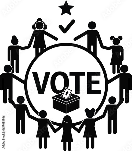 Vector art of people holding hands around the word vote and ballot box