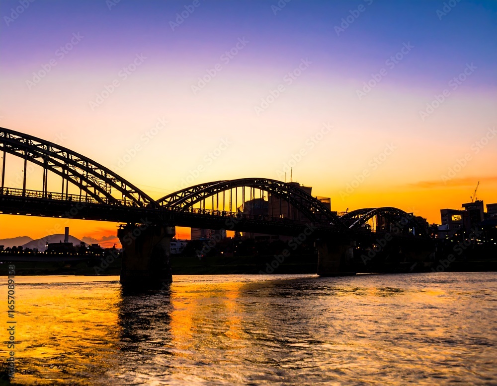 Naklejka premium Bridge at sunset over river