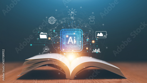 AI education concept with glowing chip above open book. Symbolizing digital transformation. Learning innovation and the integration of artificial intelligence in modern knowledge.
