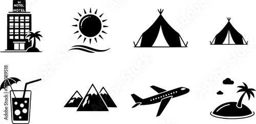 summer travel icon set. holiday tour icons for app and website containing hotel sun camp mountain drink plane island. transparent png and vector.