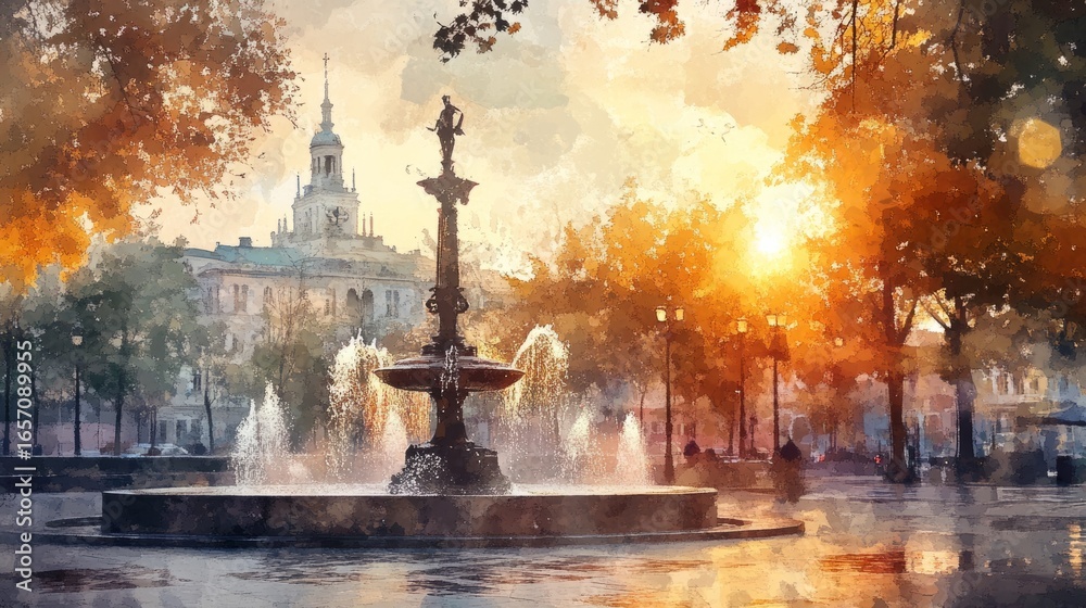 Fototapeta premium square at sunset, painted with watercolor generative ai