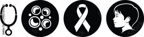 Childhood cancer awareness icons, pediatric oncology medical symbols, black and white health care vector set with stethoscope and ribbon