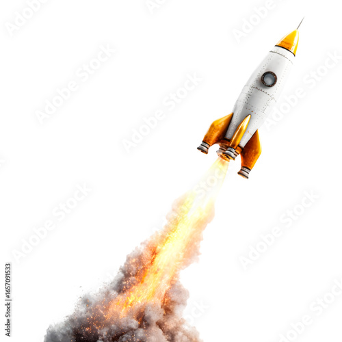 Retro style rocket ship blasting off with bright orange flames and smoke isolated on transparent background