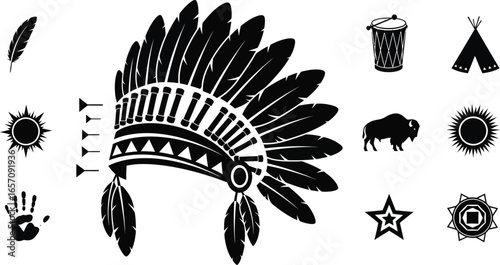 Vector art of native american headdress and cultural symbols