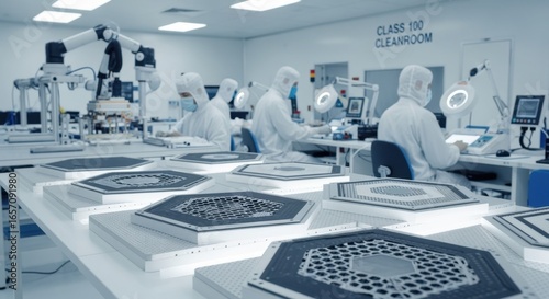 Hypersonic glidevehicle thermal shield components arranged methodically in a cleanroom equipped for precision bonding and quality control.