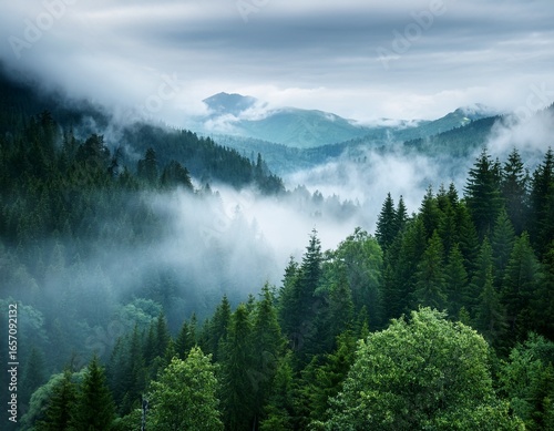 nordic forest forest landscape foggy evening time foggy landscape in the jungle fog and cloudy mountain tropic valley landscape aerial view wide misty panorama