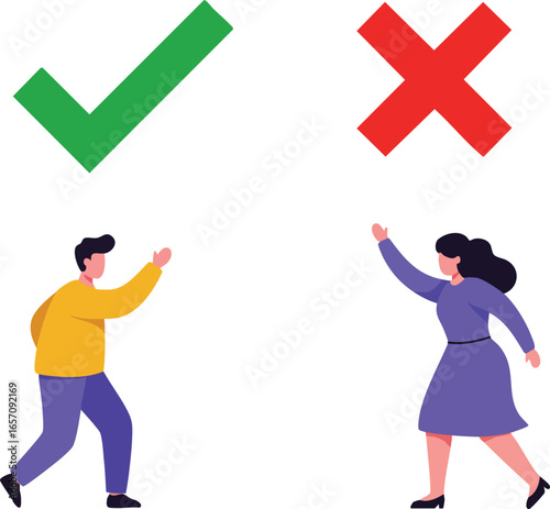 Male and female characters with green check mark and red cross symbol for approval and disapproval concepts vector illustration 
