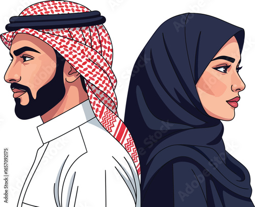 Vector art of arab man and woman in traditional clothing facing away from each other