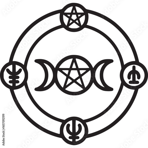 Wiccan symbol with triple moon goddess and pentacle isolated on white background, representing pagan spirituality and magical practices