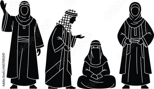 Vector art of group of arabic people in traditional clothing