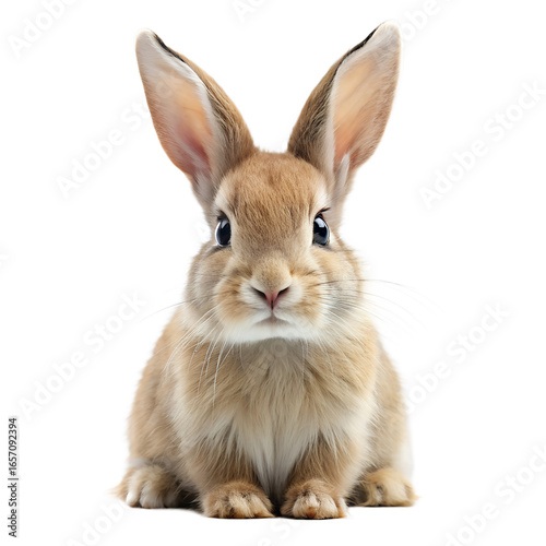 A cute, fluffy brown and white rabbit with long ears and big eyes, sitting and looking forward, isolated on transparent background