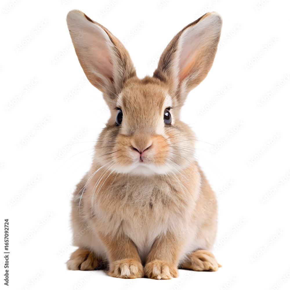 Obraz premium A cute, fluffy brown rabbit with long ears sitting and looking forward, isolated on a transparent background, representing nature and innocence