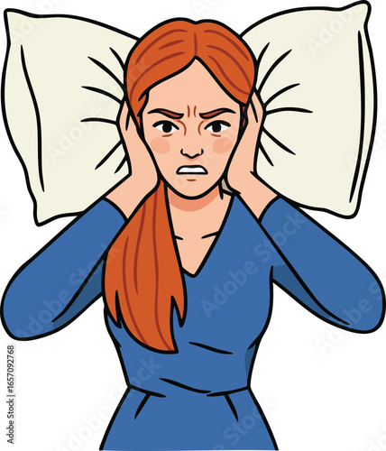 Woman with red hair covering ears lying on pillow expressing frustration and anger vector illustration 