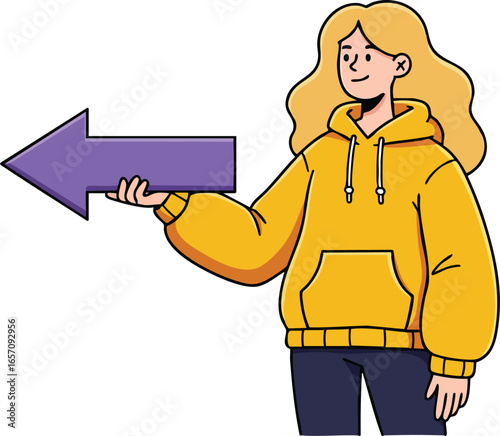 Woman in yellow hoodie holding purple arrow pointing left direction vector illustration for navigation or choice concept