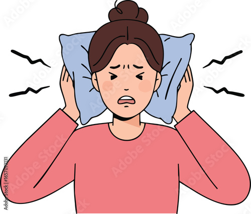Young woman covering ears with pillow in frustration feeling loud noise discomfort vector illustration 