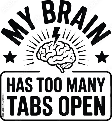 Black and white vector graphic of a brain with lightning and text thunderbolt thinking