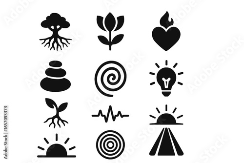 Energy flame vector pulse flower metaphors root lines icon seed emotion core