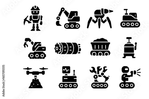 Drone wheeled excavator mining rock robots ai bot icon miner vector quadruped
