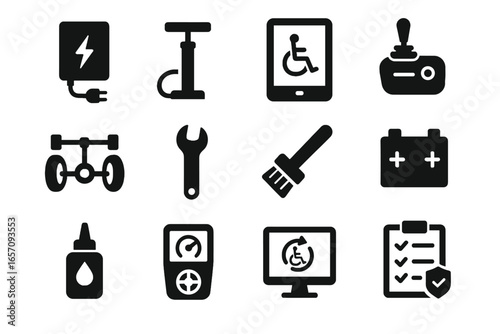 Updater wheelchair tools smart safety battery icon charger cleaning vector tablet test