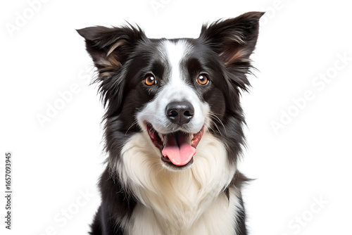 Closeup portrait of a happy border collie dog with its mouth open and tongue out, isolated on transparent background