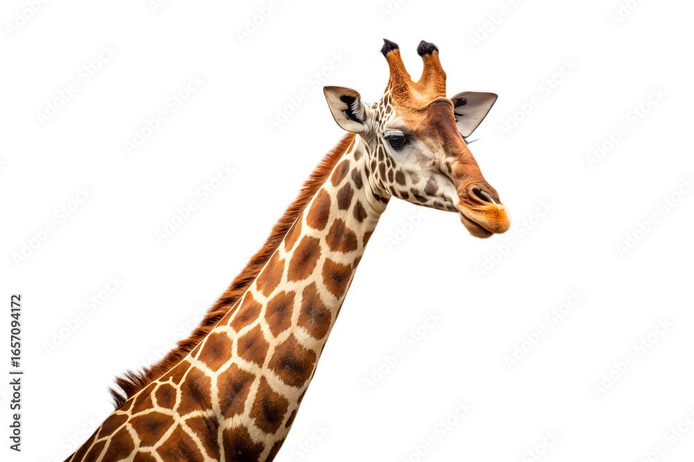 Obraz premium Closeup portrait of a giraffes head and long neck, highlighting its distinctive spotted pattern and gentle facial features, isolated on a transparent background