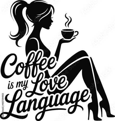 Black silhouette of a woman holding a steaming coffee cup with text black and white drink