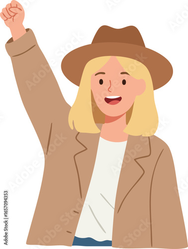 Woman raising fist with confident expression wearing brown hat and coat casual clothing vector illustration 