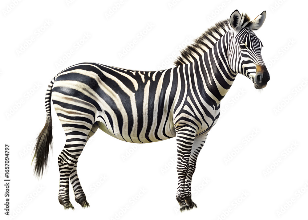 Obraz premium A striking zebra with its distinctive black and white stripes standing proudly, captured in a side profile against a clean transparent background