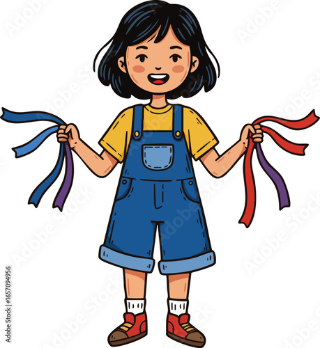 Happy girl holding colorful ribbons in both hands wearing denim overalls and yellow t-shirt cheerful child illustration 