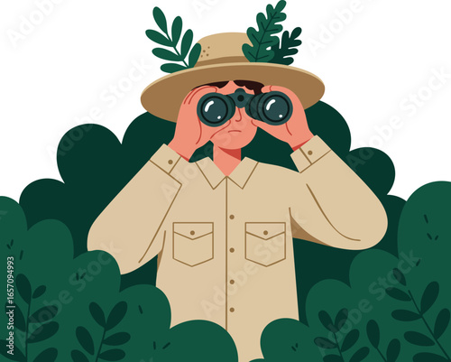 Explorer with binoculars observing nature in green bushes and beige outfit vector illustration 