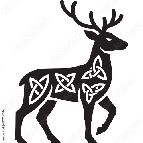 Illustration of a deer with celtic knot patterns isolated on white background, showcasing intricate design and cultural symbolism