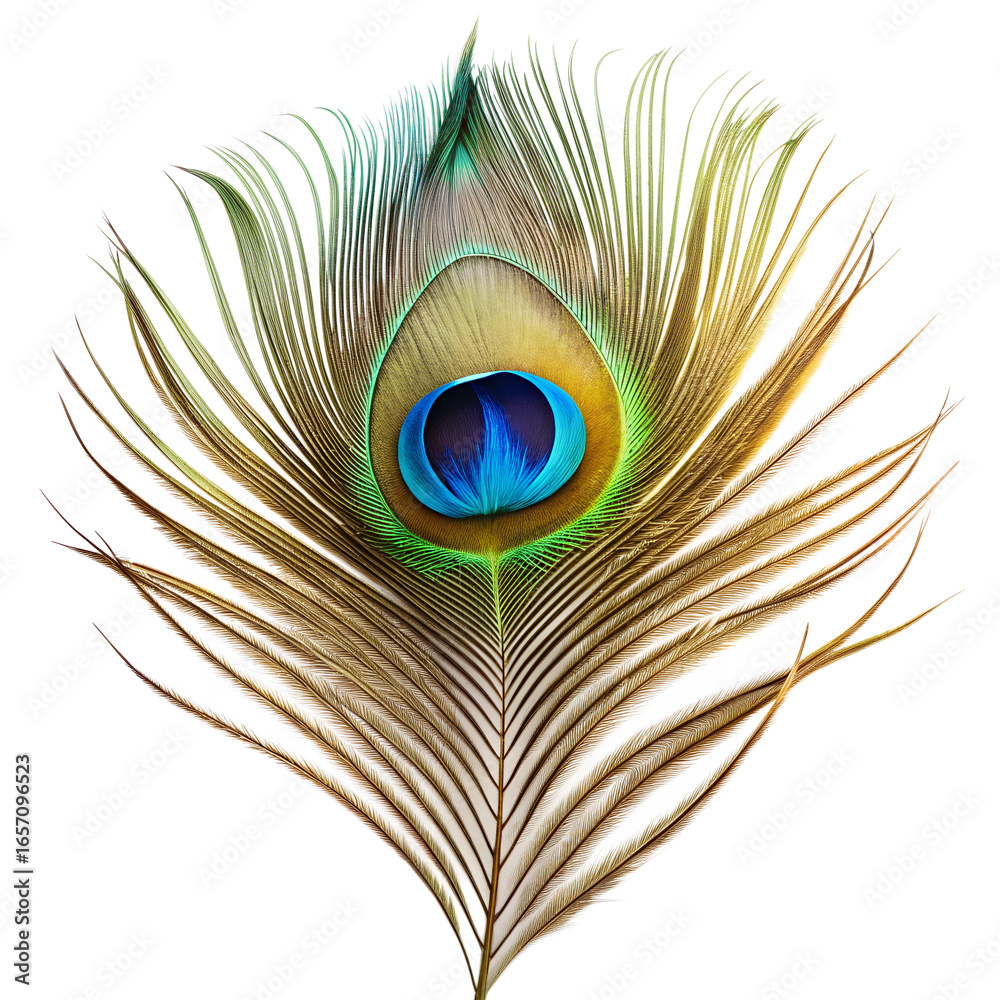 Obraz premium A single peacock feather with its distinctive eye pattern, isolated on a transparent background, displaying vibrant colors and intricate natural beauty