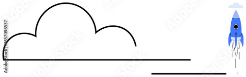 Blue rocket ascending near a cloud, emphasizing innovation, ambition, and growth. Ideal for success, aspiration, technology, startup exploration creativity progress. Clean and simple flat metaphor