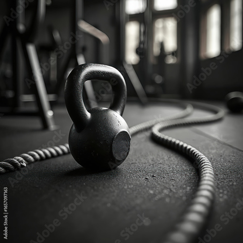 Kettlebell, workout rope lay on gym floor. Blurred gym equipment in background. Focus on strength training equipment, promoting active lifestyle, fitness goals. Weights, cardio tools for intense