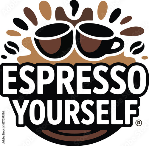 Espresso Yourself coffee cups and beans vector logo with brown splash coffee beans